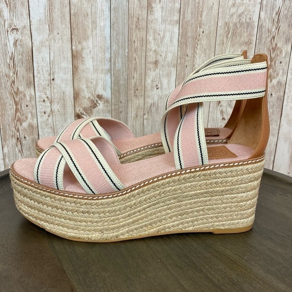 Tory Burch Frieda Espadrille Wedge‎ Sandal Blush Stripe/Tan Size 10 Women - Picture 7 of 15